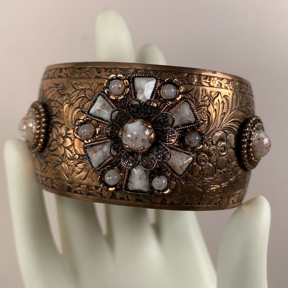 Copper Cuff Bracelet Floral Embossed Stone Accents 7” Women’s Jewelry